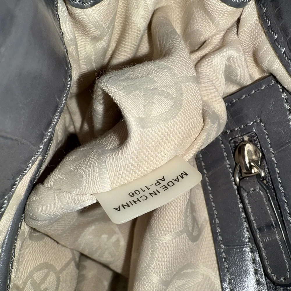 Michael Kors Hamilton gray crocodile embossed shoulder satchel purse